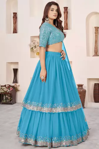 dazzling sky blue sequins georgette sangeet wear lehenga choli set