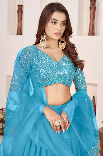 dazzling sky blue sequins georgette sangeet wear lehenga choli set