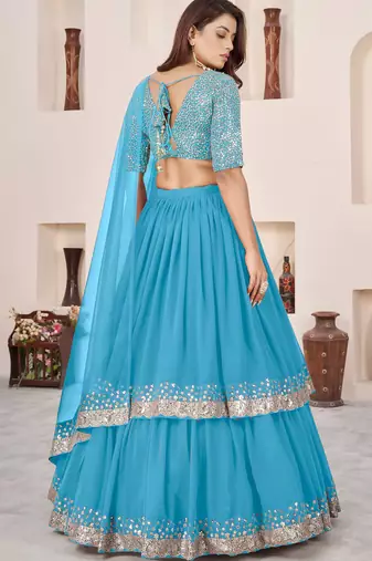 dazzling sky blue sequins georgette sangeet wear lehenga choli set