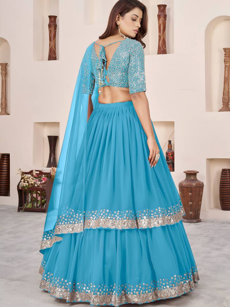 Dazzling Sky Blue Sequins Georgette Sangeet Wear Lehenga Choli Set