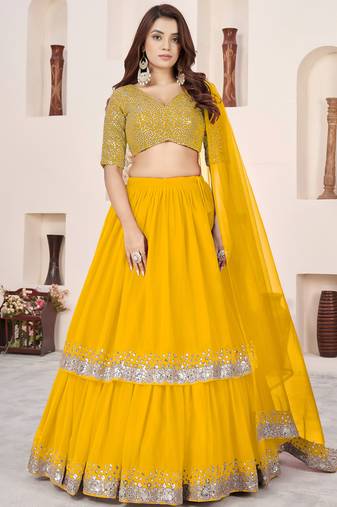 stunning yellow sequins georgette haldi wear lehenga choli set