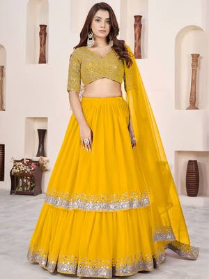 stunning yellow sequins georgette haldi wear lehenga choli set 1