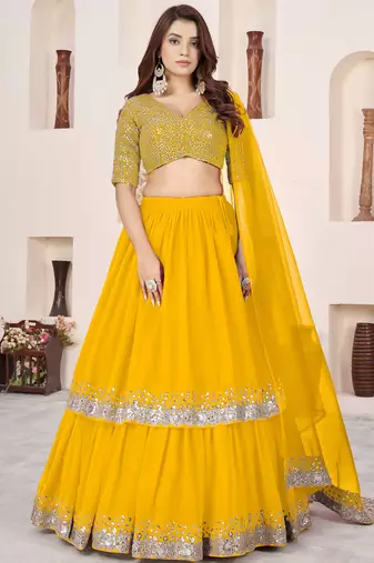 Stunning Yellow Sequins Georgette Haldi Wear Lehenga Choli Set