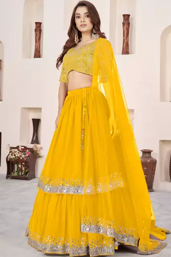 stunning yellow sequins georgette haldi wear lehenga choli set