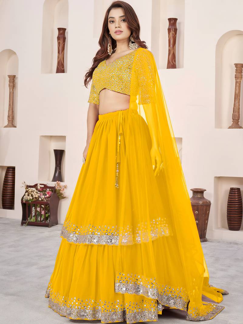 Stunning Yellow Sequins Georgette Haldi Wear Lehenga Choli Set