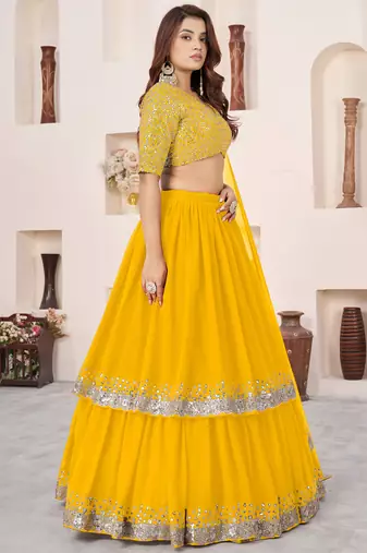 stunning yellow sequins georgette haldi wear lehenga choli set