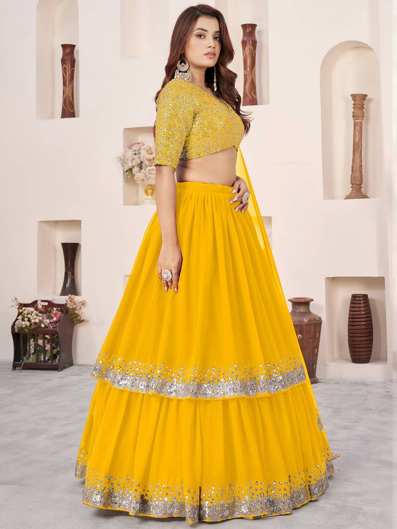 Stunning Yellow Sequins Georgette Haldi Wear Lehenga Choli Set