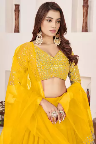 stunning yellow sequins georgette haldi wear lehenga choli set