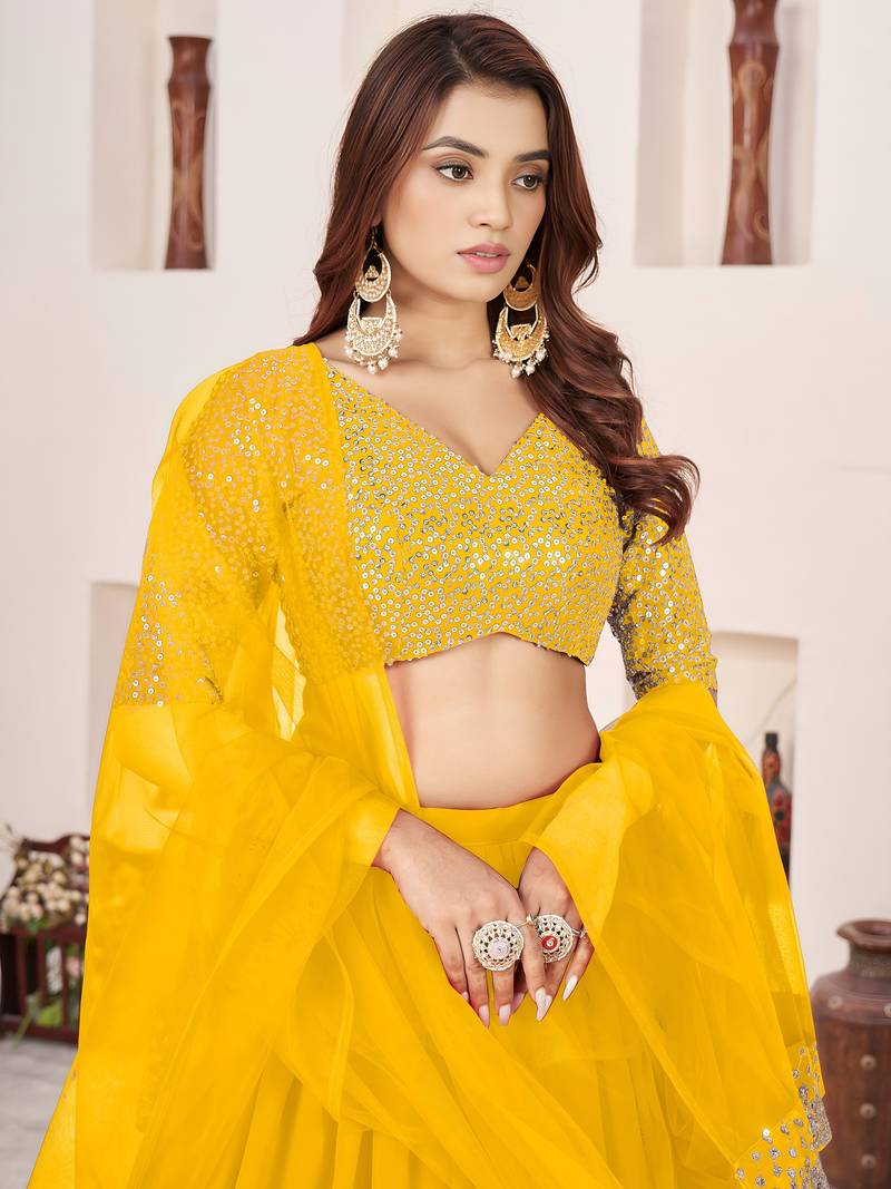 Stunning Yellow Sequins Georgette Haldi Wear Lehenga Choli Set