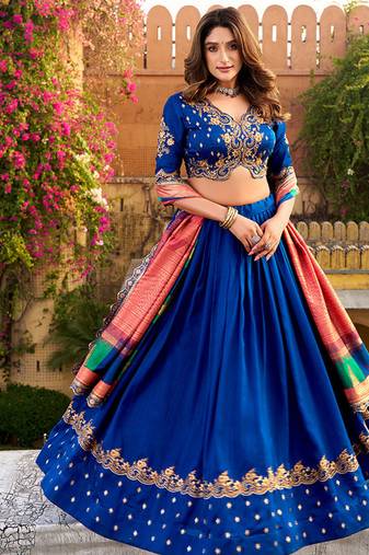 blue vichitra silk chaniya choli with sequins & thread embroidery