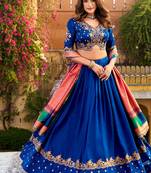 blue vichitra silk chaniya choli with sequins & thread embroidery