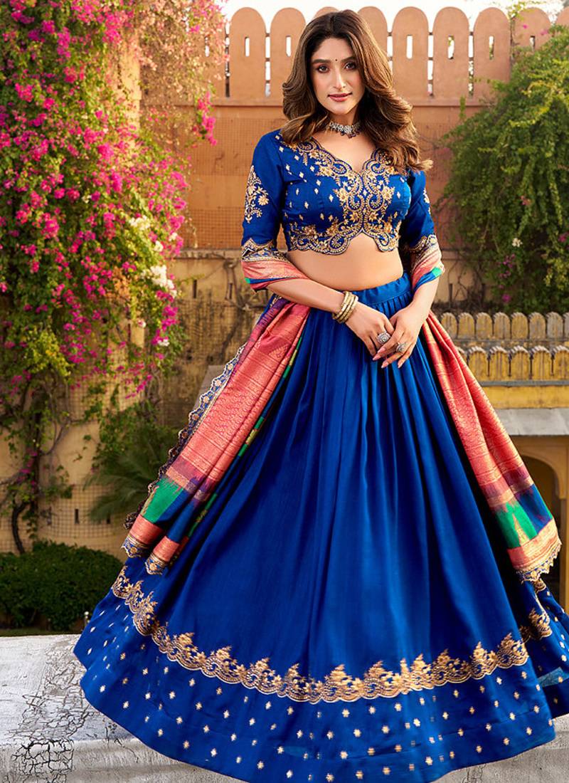 blue vichitra silk chaniya choli with sequins & thread embroidery