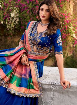 blue vichitra silk chaniya choli with sequins & thread embroidery 3