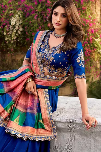 blue vichitra silk chaniya choli with sequins & thread embroidery