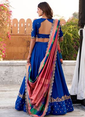 blue vichitra silk chaniya choli with sequins & thread embroidery 4