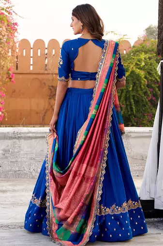 blue vichitra silk chaniya choli with sequins & thread embroidery