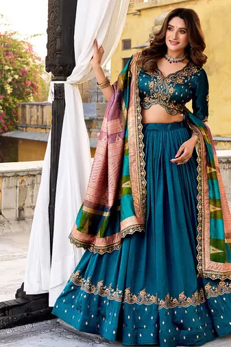 teal vichitra silk chaniya choli with sequins and thread embroidery