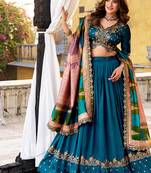 teal vichitra silk chaniya choli with sequins and thread embroidery