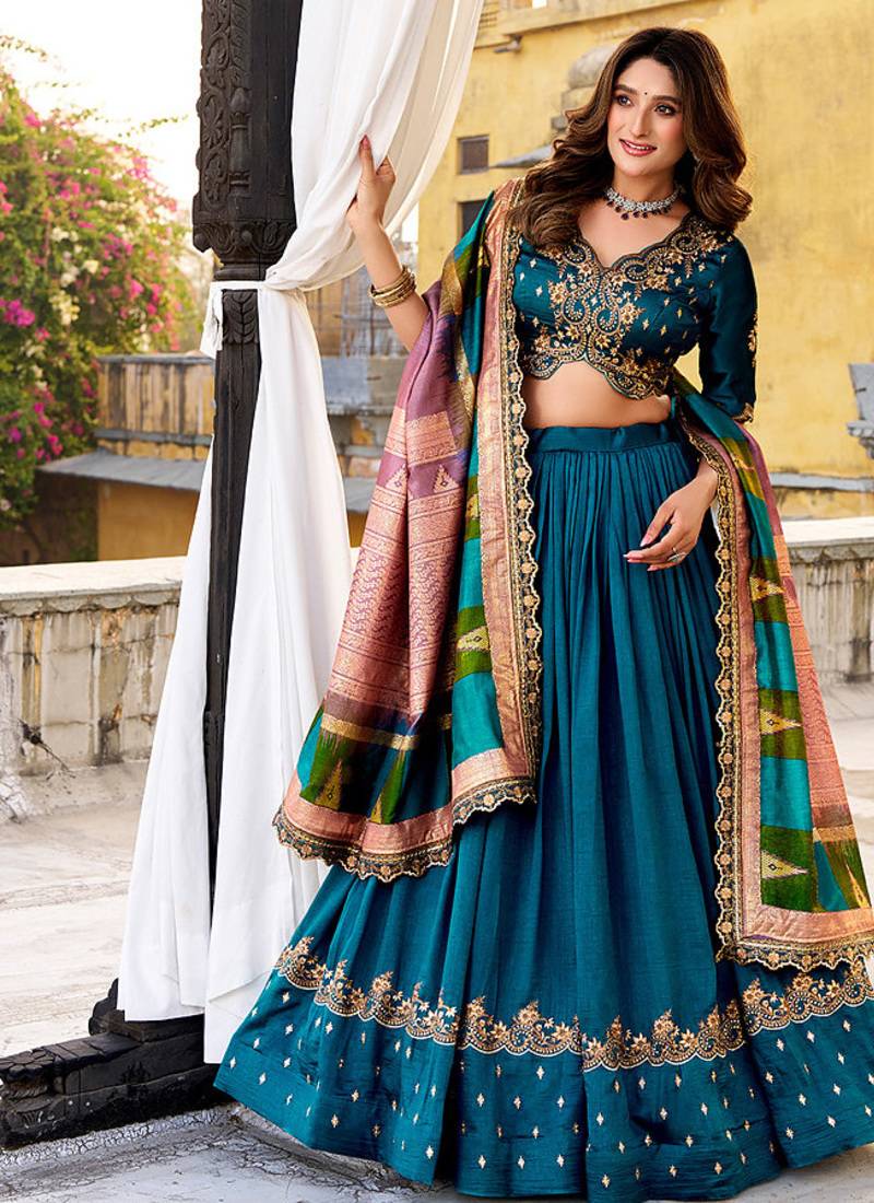 teal vichitra silk chaniya choli with sequins and thread embroidery