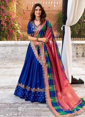 blue vichitra silk chaniya choli with sequins & thread embroidery 5