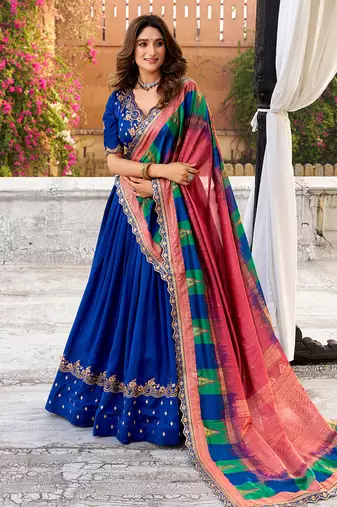 blue vichitra silk chaniya choli with sequins & thread embroidery