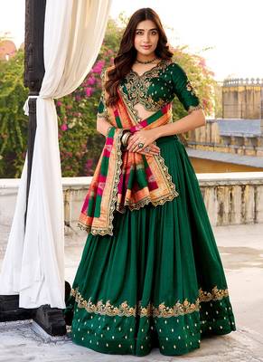 green vichitra silk chaniya choli with sequins & thread embroidery 1