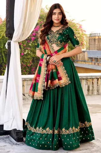 green vichitra silk chaniya choli with sequins & thread embroidery
