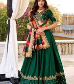 green vichitra silk chaniya choli with sequins & thread embroidery