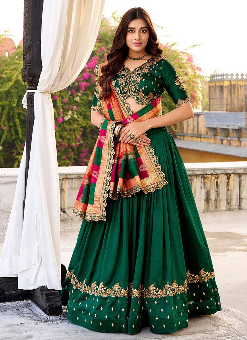 green vichitra silk chaniya choli with sequins & thread embroidery