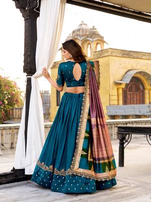 teal vichitra silk chaniya choli with sequins and thread embroidery 4