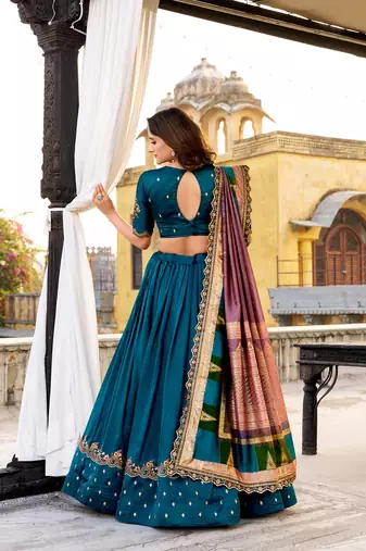 teal vichitra silk chaniya choli with sequins and thread embroidery