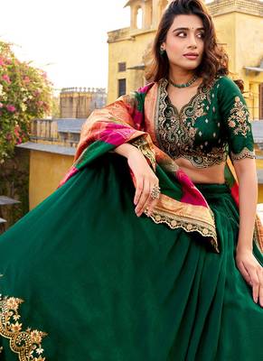 green vichitra silk chaniya choli with sequins & thread embroidery 3