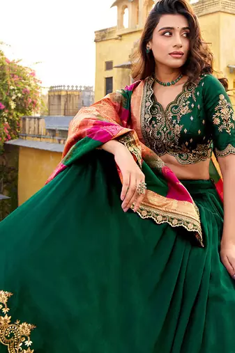 green vichitra silk chaniya choli with sequins & thread embroidery
