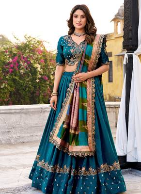 teal vichitra silk chaniya choli with sequins and thread embroidery 5