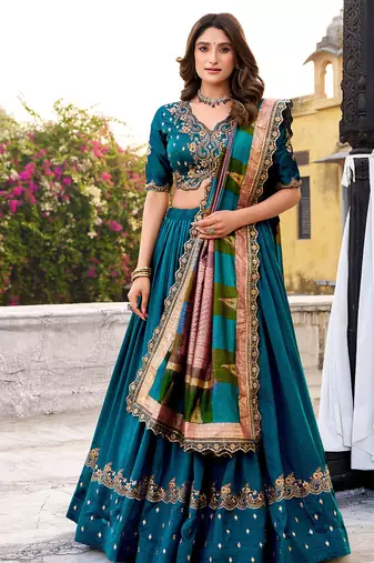 teal vichitra silk chaniya choli with sequins and thread embroidery