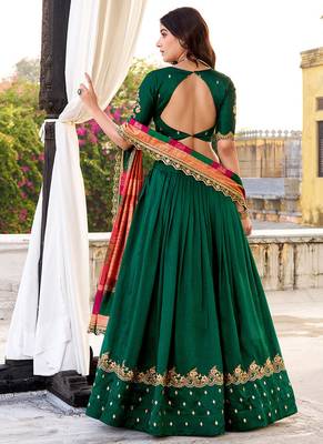 green vichitra silk chaniya choli with sequins & thread embroidery 4