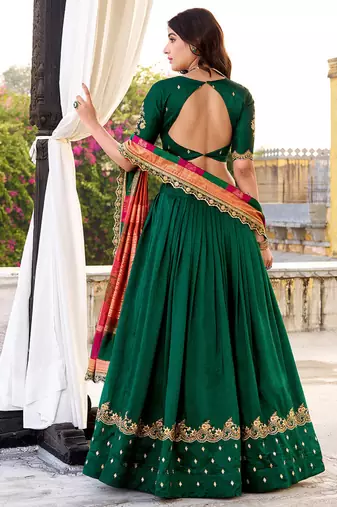 green vichitra silk chaniya choli with sequins & thread embroidery