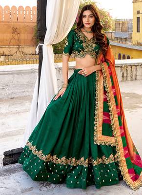 green vichitra silk chaniya choli with sequins & thread embroidery 5
