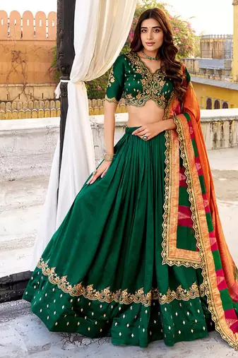 green vichitra silk chaniya choli with sequins & thread embroidery