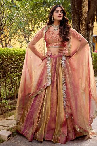 pink carika silk chaniya choli with sequins & thread embroidery