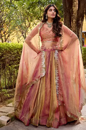 pink carika silk chaniya choli with sequins & thread embroidery