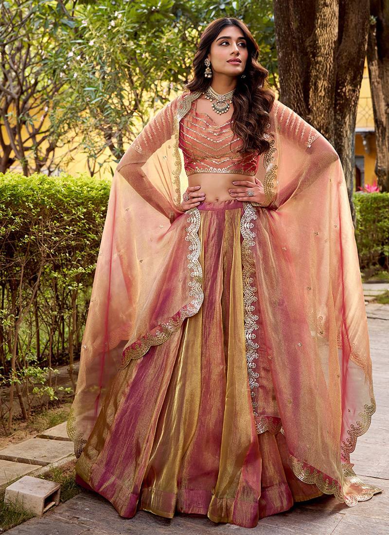 pink carika silk chaniya choli with sequins & thread embroidery