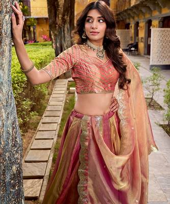 pink carika silk chaniya choli with sequins & thread embroidery 3
