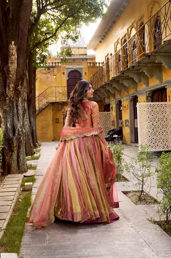 pink carika silk chaniya choli with sequins & thread embroidery