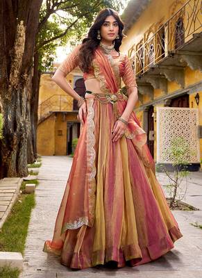 pink carika silk chaniya choli with sequins & thread embroidery 5