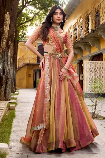 pink carika silk chaniya choli with sequins & thread embroidery