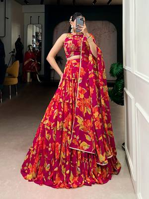 pink marble floral printed chaniya choli set for women 1