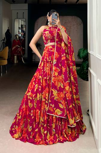 pink marble floral printed chaniya choli set for women