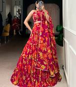 pink marble floral printed chaniya choli set for women