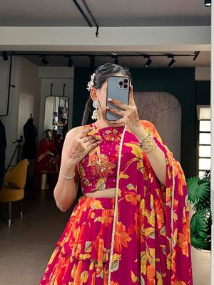 pink marble floral printed chaniya choli set for women 2